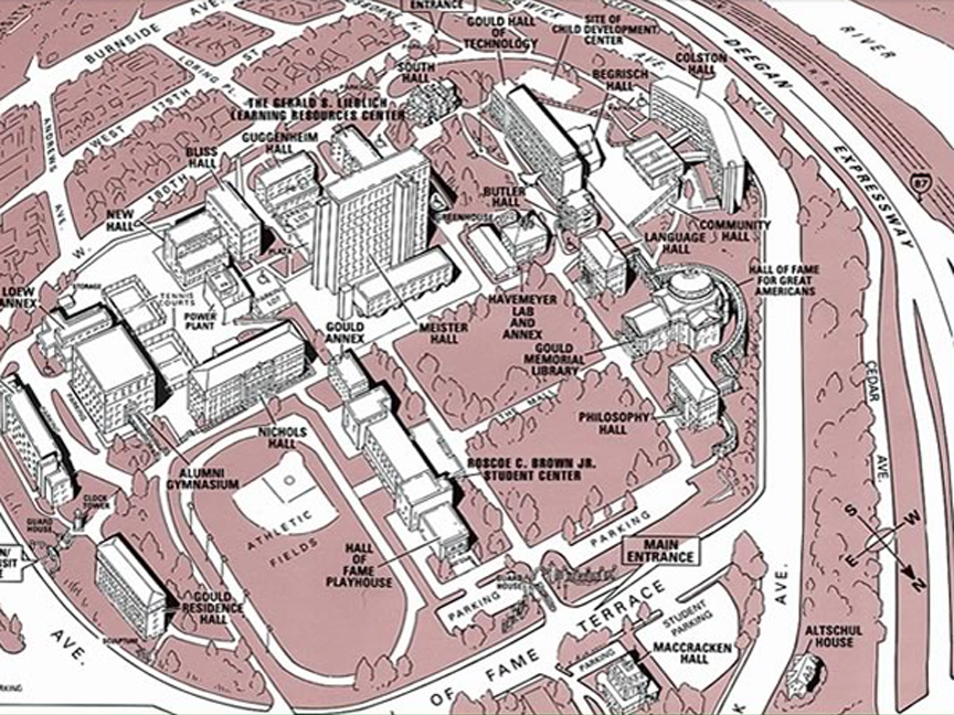 The new North Building will rise on the parking strip at lower right, and on the lawn above it.