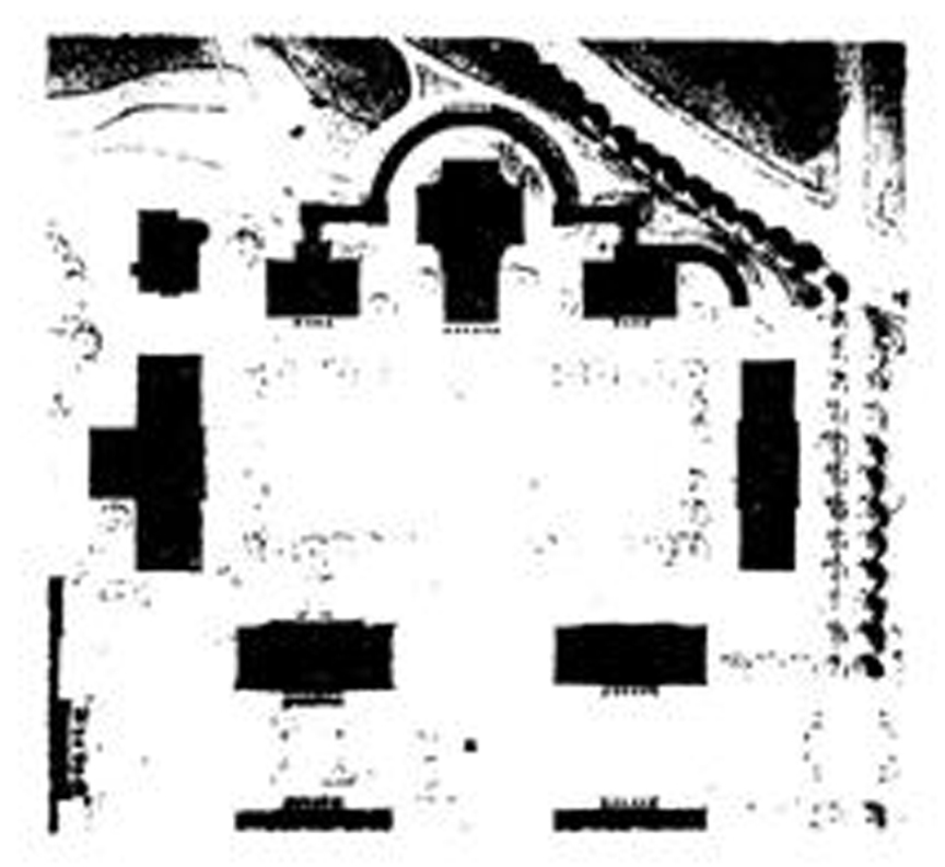 Stanford White's master plan showing a wide lawn with Gould Memorial Library and the Hall of Fame Terrace centered at its head